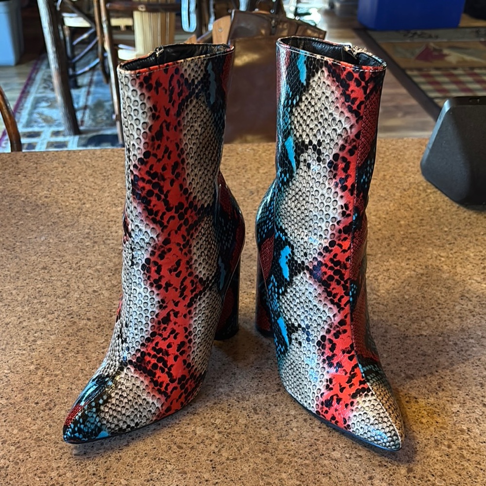 Cape Robbin Red and Blue Snakeskin Heeled Boots